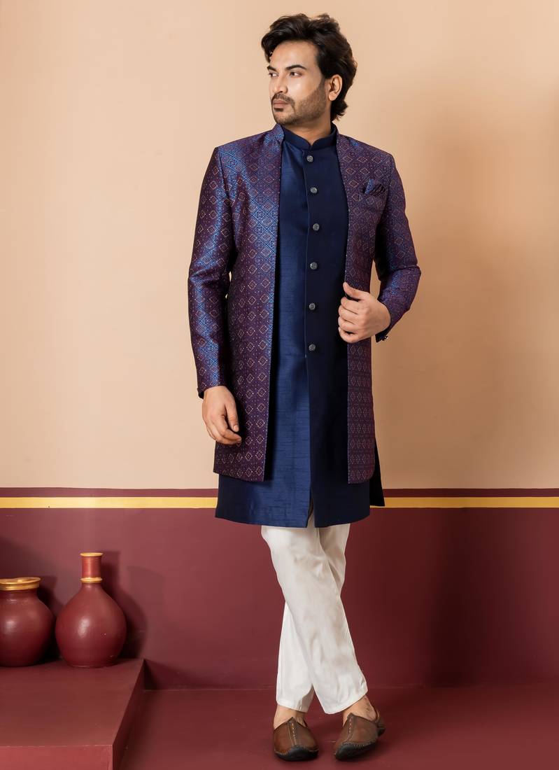Nevy blue jacquard blend indo western nevy blue open sherwani and creem pyjama set for men with embroidered work