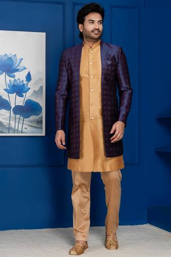 Chikoo jacquard blend indo western navy blue open sherwani and pyjama set for men with embroidered work