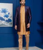 Chikoo jacquard blend indo western navy blue open sherwani and pyjama set for men with embroidered work