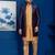 Chikoo jacquard blend indo western navy blue open sherwani and pyjama set for men with embroidered work