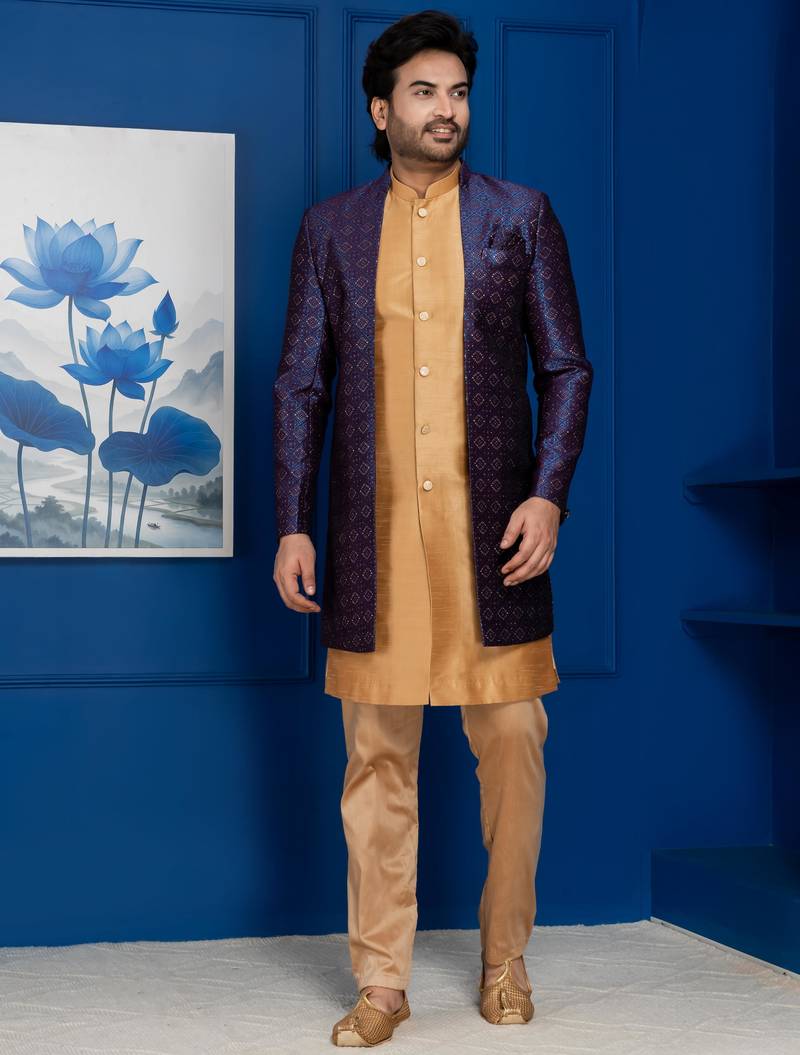 Chikoo jacquard blend indo western navy blue open sherwani and pyjama set for men with embroidered work