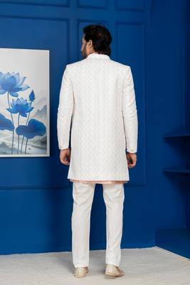 White jacquard blend indo western open sherwani and pink kurta white pyjama set for men with embroidered work 4