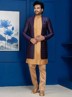 Chikoo jacquard blend indo western navy blue open sherwani and pyjama set for men with embroidered work 2