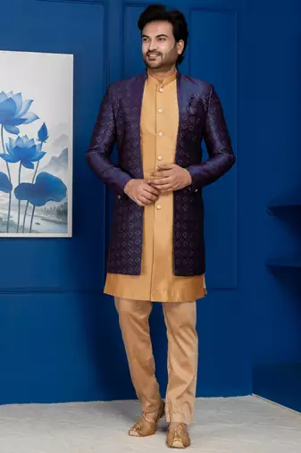 Chikoo jacquard blend indo western navy blue open sherwani and pyjama set for men with embroidered work
