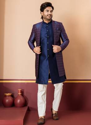 Nevy blue jacquard blend indo western nevy blue open sherwani and creem pyjama set for men with embroidered work 2