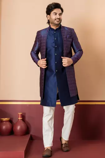 Nevy blue jacquard blend indo western nevy blue open sherwani and creem pyjama set for men with embroidered work