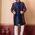 Nevy blue jacquard blend indo western nevy blue open sherwani and creem pyjama set for men with embroidered work