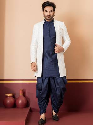 White blend indo western open sherwani and navy blue kurta dhoti set for men with embroidered work 1