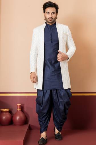 White blend indo western open sherwani and navy blue kurta dhoti set for men with embroidered work