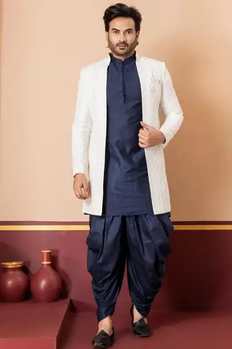 White blend indo western open sherwani and navy blue kurta dhoti set for men with embroidered work