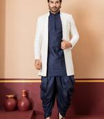 White blend indo western open sherwani and navy blue kurta dhoti set for men with embroidered work