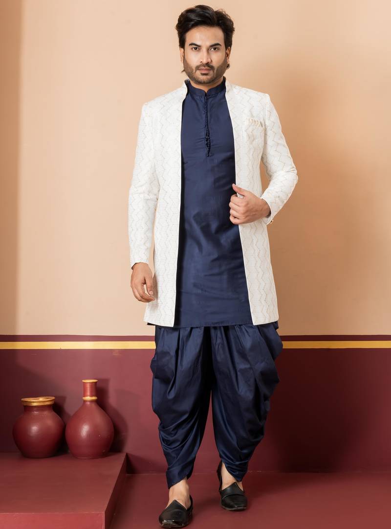 White blend indo western open sherwani and navy blue kurta dhoti set for men with embroidered work