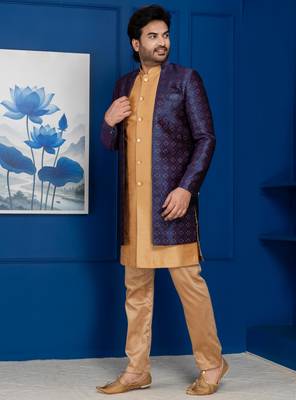 Chikoo jacquard blend indo western navy blue open sherwani and pyjama set for men with embroidered work 3