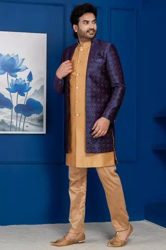 Chikoo jacquard blend indo western navy blue open sherwani and pyjama set for men with embroidered work