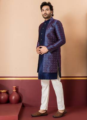 Nevy blue jacquard blend indo western nevy blue open sherwani and creem pyjama set for men with embroidered work 3