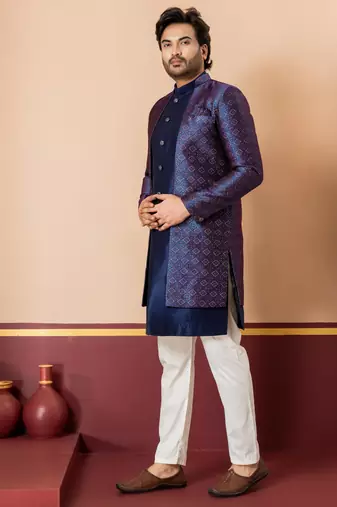 Nevy blue jacquard blend indo western nevy blue open sherwani and creem pyjama set for men with embroidered work