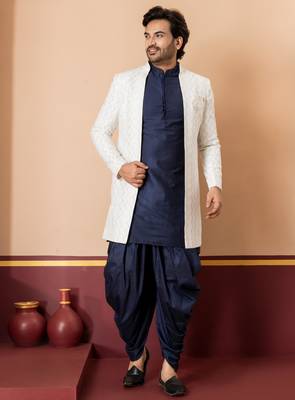 White blend indo western open sherwani and navy blue kurta dhoti set for men with embroidered work 2