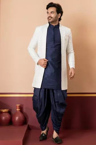 White blend indo western open sherwani and navy blue kurta dhoti set for men with embroidered work