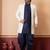 White blend indo western open sherwani and navy blue kurta dhoti set for men with embroidered work