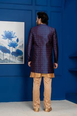 Chikoo jacquard blend indo western navy blue open sherwani and pyjama set for men with embroidered work 4