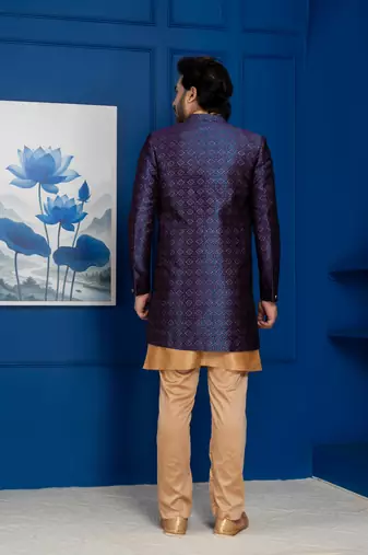 Chikoo jacquard blend indo western navy blue open sherwani and pyjama set for men with embroidered work