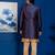 Chikoo jacquard blend indo western navy blue open sherwani and pyjama set for men with embroidered work