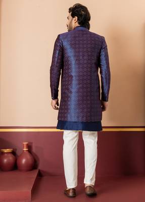 Nevy blue jacquard blend indo western nevy blue open sherwani and creem pyjama set for men with embroidered work 4