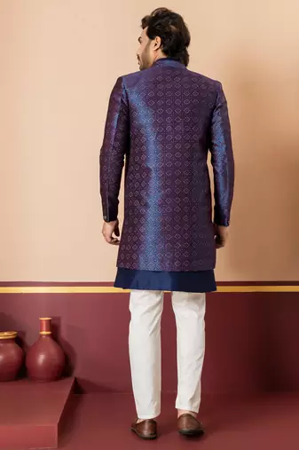 Nevy blue jacquard blend indo western nevy blue open sherwani and creem pyjama set for men with embroidered work