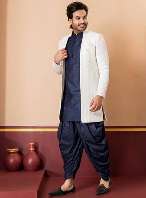 White blend indo western open sherwani and navy blue kurta dhoti set for men with embroidered work 3