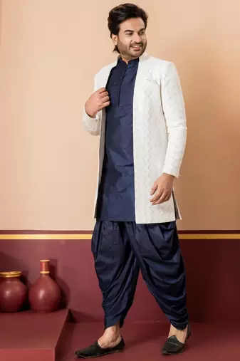 White blend indo western open sherwani and navy blue kurta dhoti set for men with embroidered work