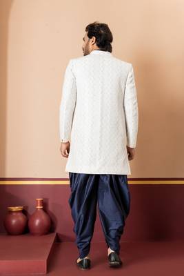 White blend indo western open sherwani and navy blue kurta dhoti set for men with embroidered work 4