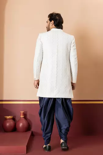 White blend indo western open sherwani and navy blue kurta dhoti set for men with embroidered work