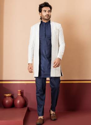 White blend indo western open sherwani and navy blue kurta pyjama set for men with embroidered work 1