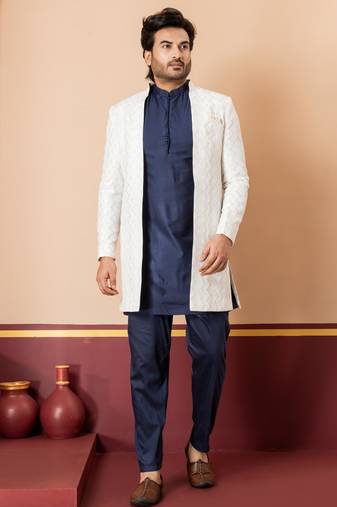 White blend indo western open sherwani and nevy blue kurta  pyjama set for men with embroidered work