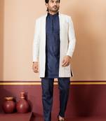 White blend indo western open sherwani and navy blue kurta pyjama set for men with embroidered work