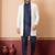 White blend indo western open sherwani and navy blue kurta pyjama set for men with embroidered work