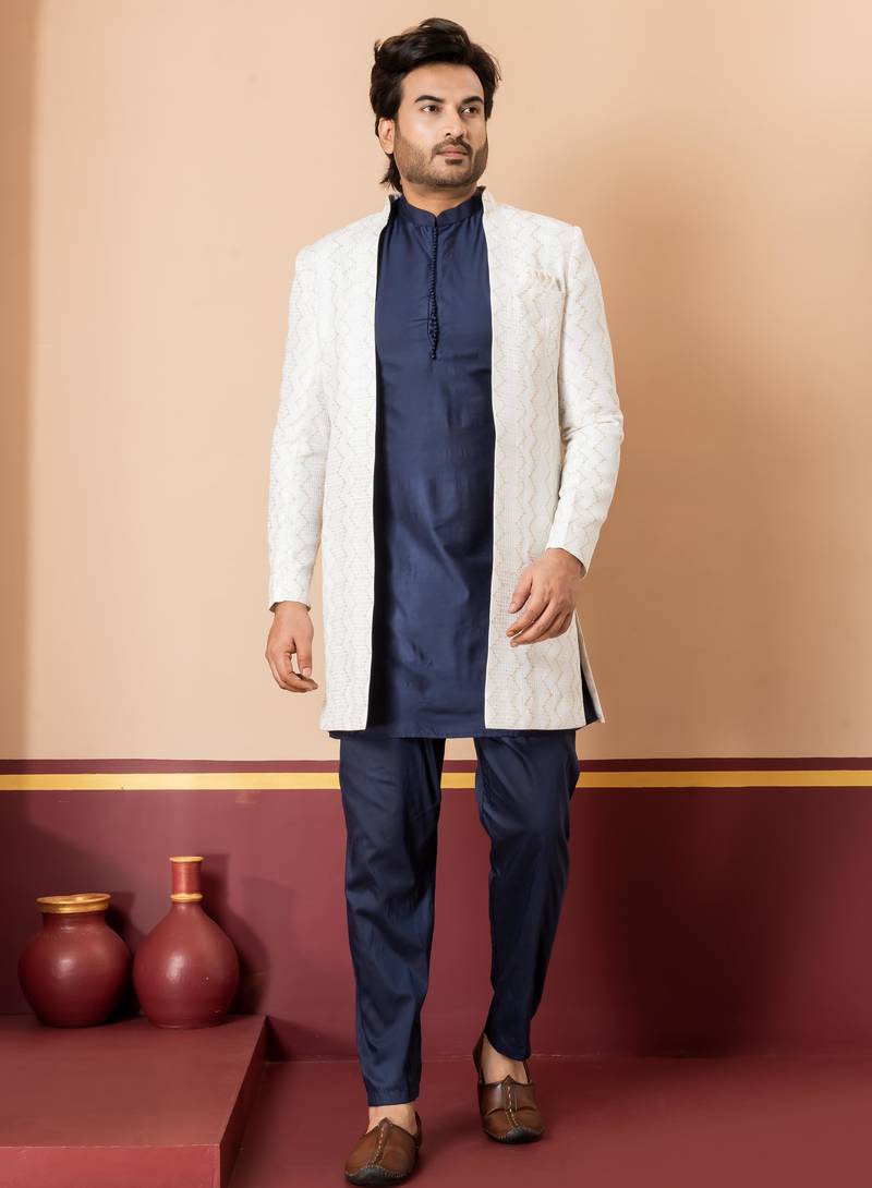 White blend indo western open sherwani and navy blue kurta pyjama set for men with embroidered work