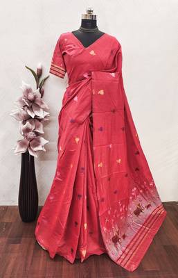 Peach linen jacuard animal motif work saree with unstitched blouse piece 6