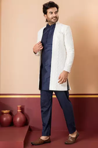 White blend indo western open sherwani and navy blue kurta pyjama set for men with embroidered work