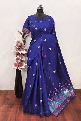 Blue linen jacuard animal motif work saree with unstitched blouse piece 6
