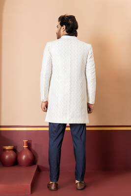 White blend indo western open sherwani and navy blue kurta pyjama set for men with embroidered work 4