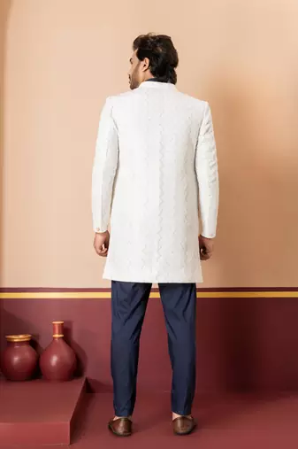 White blend indo western open sherwani and navy blue kurta pyjama set for men with embroidered work