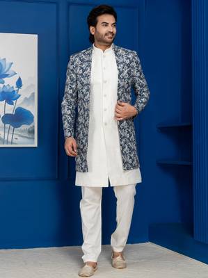 White jacquard silk blend green and open sherwani pyjama set for men with embroidered work 1