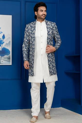 White jacquard silk blend green and open sherwani pyjama set for men with embroidered work