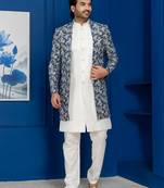 White jacquard silk blend green and open sherwani pyjama set for men with embroidered work