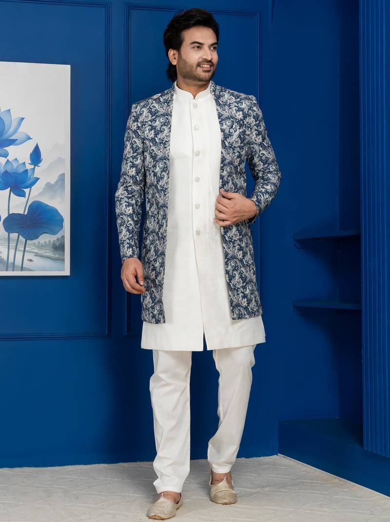 White jacquard silk blend green and open sherwani pyjama set for men with embroidered work