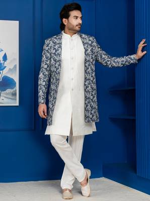White jacquard silk blend green and open sherwani pyjama set for men with embroidered work 2