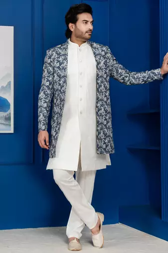 White jacquard silk blend green and open sherwani pyjama set for men with embroidered work