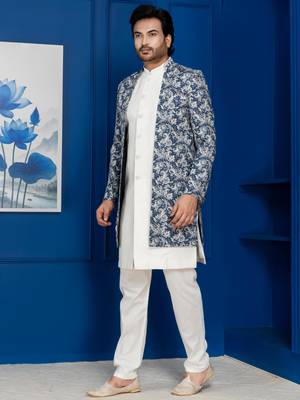 White jacquard silk blend green and open sherwani pyjama set for men with embroidered work 3