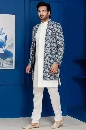 White jacquard silk blend green and open sherwani pyjama set for men with embroidered work